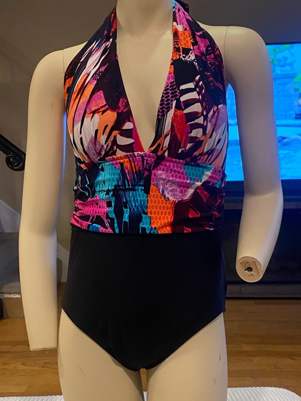 Aqua Green Multicolor Halter One-Piece Swimsuit with Black Bottom